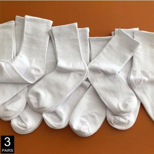3 Pairs Solid Color Black/White Men/Women Sports Socks College Style Simple Middle Tube 100% Cotton Socks for Students
