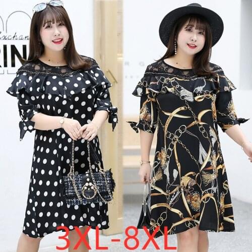 New 2021 summer plus size dress for women large short sleeve loose dot print chiffon dress with lace black 4XL 5XL 6XL 7XL 8XL