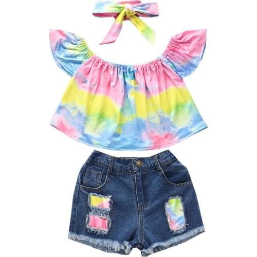 New Kid Girls 3 Pcs Outfits Suits, Off Shoulder Fly Sleeve Tie Dye Tops + Ripped Denim Shorts + Headband Sets