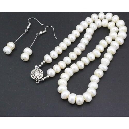 Wholesale 9-10mm white natural freshwater pearl rondelle beads necklace earrings jewel for women weddings party gifts 18" B3453