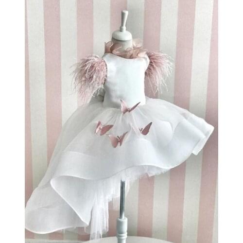 White High Low Flower Girls Dresses with Cap Sleeve Sweep Train Pageant Birthday Dresses Custom