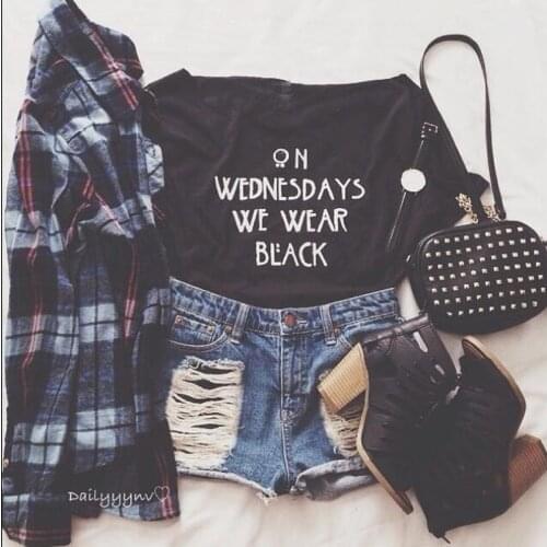 ON WEDNESDAYS WE WEAR BLACK T-shirt Girls Fashion Slogan Tumblr Style Casual Tops Tee Amer tees grunge goth trend cotton shirts