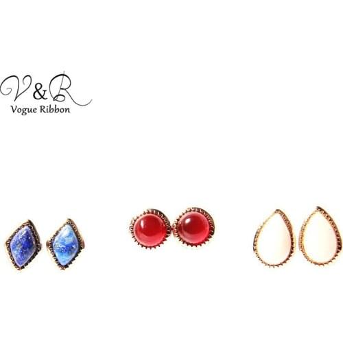 Minimalist Simple Fashion Assorted Multiple Sized Geometric Shaped Natural Stone Stud Earring Set With Blue Red Pink Stones 2019