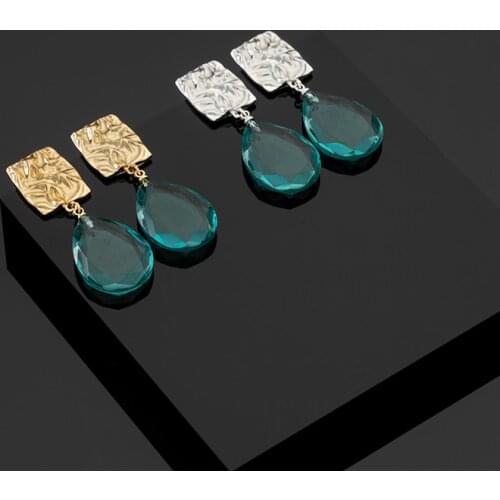 Jaeeyin 2021 Fashion Jewelry Blue Tear Drop Glass Gold Color Square Uneven Hand Made Stud Earrings Gift For Women Girls Classic