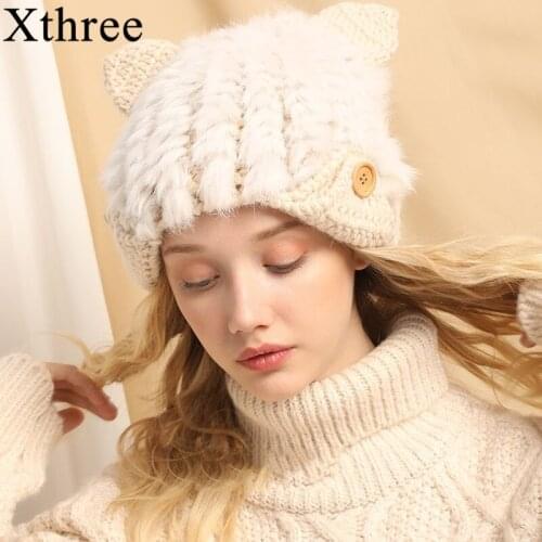 Xthree Rabbit fur Wool Knitted Hhat Winter Womens Hat Skullies Bbeanies Hat for Wwomen Girls Kitty Hat Women Cap