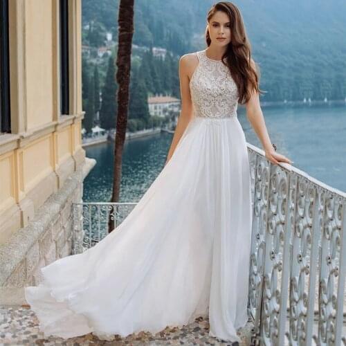 A-Line Chiffon Halter Wedding Dresses 2021 Sweep Train Lace Appliques Pleat Elegant Formal Bridal Gown Sleeveless Open Back