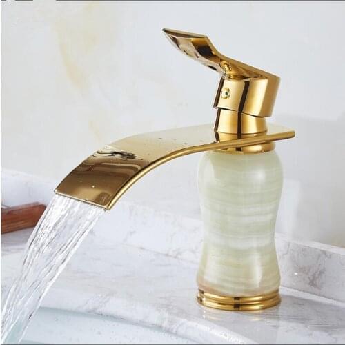 Vidric Gold Bathroom Faucet hot and cold Crane Brass and Jade Basin Faucet Waterfall Faucet Sink Faucet Single Handle water tap
