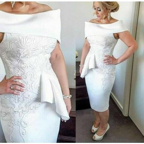 Vintage Sheath O-Neck Short Mother of the Bride Dresses with Peplum Lace White Satin Tea Length Wedding Party Dress for Women
