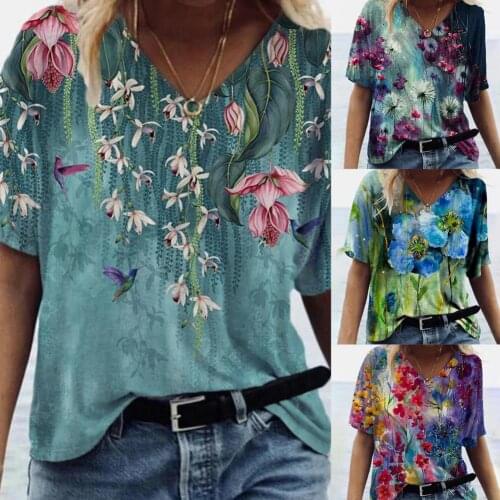 T-shirt Floral Print Short Sleeve Women V Neck Loose Blouse Top for Spring/Summer