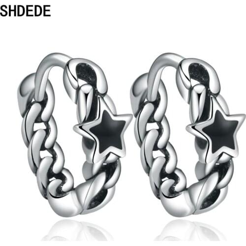 SHDEDE Hollow Star Hoops Earrings For Women Black Vintage Fashion Jewelry Thai Silver Accessories Party Gift -WH