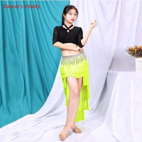 Belly Dance Suit Crystal yarn Top Half sleeve Tassel Skirt Practice Clothes Female Elegant Profession Performance Clothing