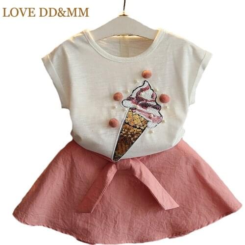 LOVE DD&MM Girls Clothing Sets Summer Sweet Sequins Cream Short-sleeved T-shirts + Skirts Suits Kids Clothes