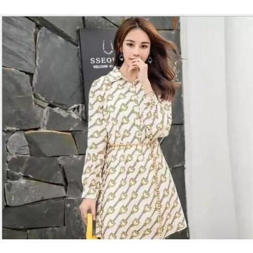 2021 Spring Autumn New Dresses Chain Print Collect Waist Long Sleeve Dresses Women Elegant Vintage Fashion Dress Star Skirt