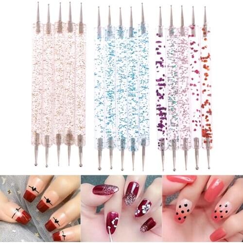 5Pcs/Set UV Gel Painting Drawing Nail Art Dot Point Dotting Pen Acrylic Caviar 2 Way Brush Salon Decorations Manicure Tools Kit