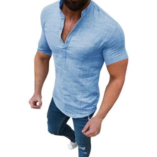 Summer Solid Short Sleeve Blouses Mens Casual Cotton And Linen Shirts Brief Button Up Tops Male Breathable Comfy V-neck Shirts
