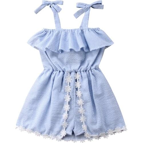 Citgeett Summer Kids Baby Girls Lace Flower Blue Striped Romper Strap Bodysuit Dress Cute Sundress 1-6Y