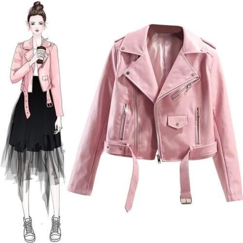 Spring Autumn Womens Leather Jacket Black Jackets PU Leather Coat Self Cultivation Jacket Belt Women Jacket Plush Pink Coat