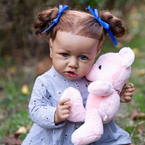New 23Inch Reborn Baby Doll African American Lifelike Newborn Baby Dolls Girl With Blue Brown Eyes Full Vinyl Body Plush Toys
