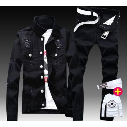 New Mens Denim Jacket Pants 2pcs Set Single Breasted Holes Casual Coat Trousers Slim Fit Cool Boys Jackets A222