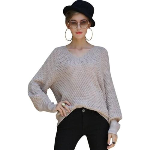 New Fashion V-neck Kitted Sweater Autumn Winter Womens Wear Loose Knitting Sweater Solid Long Sleeve Warm Soft Sweater