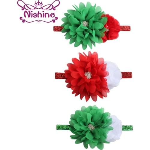 Nishine Christmas Girl Headband Boutique Chiffon Flowers With Rhinestones Children Hair Accessories Flower Headwear