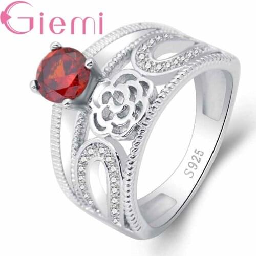 New Stylish Luxury Hollow Flower Rings for Women Paved Red Clear CZ Crystal Pure 925 Sterling Silver Female Jewelry
