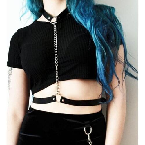 Sexy Women PU Leather Harness Belt Bondage Cage Gothic Chain Body Necklace Punk Cosplay Festival Torques Jewelry Harness Belts