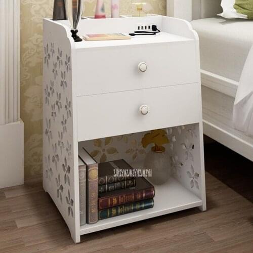 Nordic USB Nightstand Carve Flower Pattern Hollow Bedside Cabinet Modern Simple Narrow Shelf Living Room Bedroom Storage Cabinet
