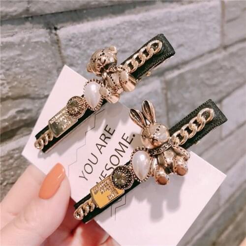 Retro Bear Rabbit Hair Clips For Elegant Women Metal Chains Pearls Hairpin Korean Pearl Barrette Girls Hair Accessories Hairgrip