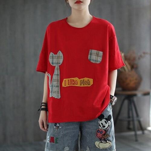 Cotton Applique Embroidered Short-sleeved T-shirt Women Summer 2021 New Retro Large Size Loose Embroidered Top