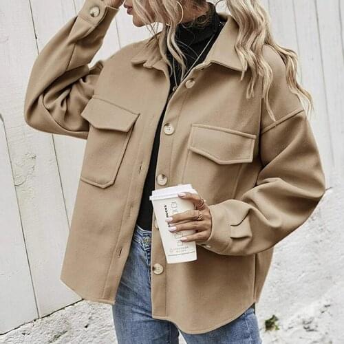 Womens Solid Short Woolen Coat Korean Style Women Thick Warm Casual Loose Jacket 2021 Autumn New Womens Fashion Outerwear