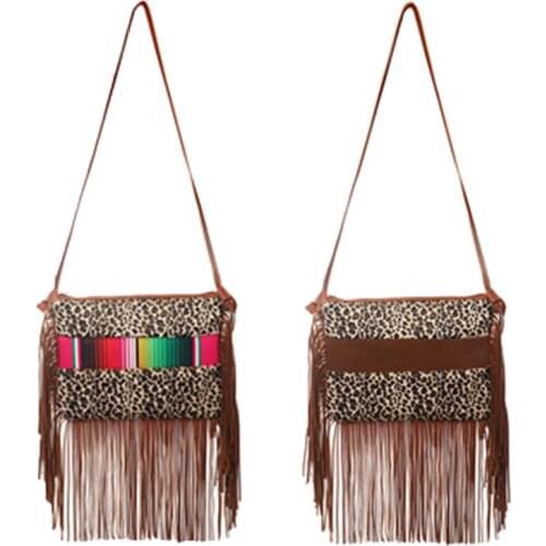 Leopard Fringe Crossbody Bag Monogram Women Imitation Horsehair Hobo Shoulder Bag Serape Fringe Leopard Crossbody with Tassel