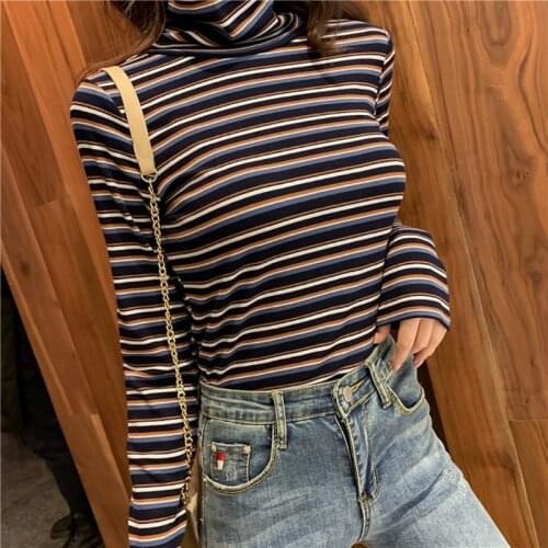 Women Long Sleeve Turtleneck T-Shirt Contrast Colored Striped Print Ribbed Pullover Tops Slim Basic Stretch Streetwear