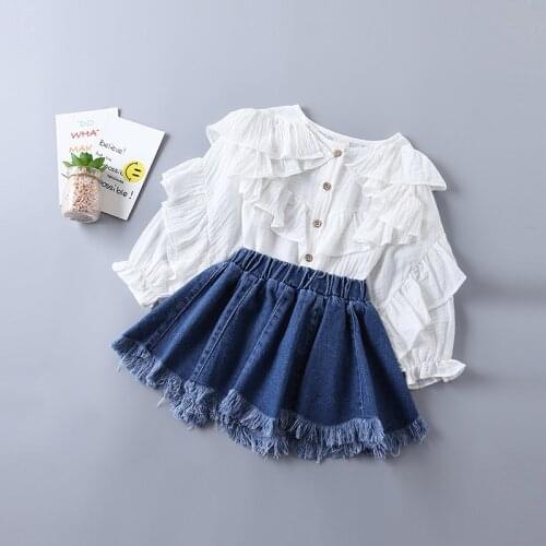 2-7 years high quality girl clothing set 2020 new spring fashion tiered ruched solid shirt + denim skirt kid children clothing