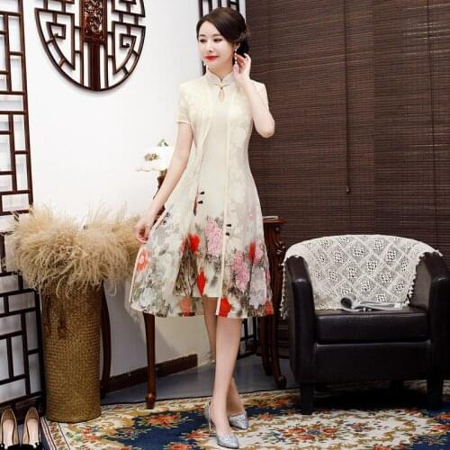 Beige Vintage 2pc Chinese Style Aodai Qipao Short Printing Rayon Cheongsam Dress Womens Chinese Traditional Dress Size M - 4XL