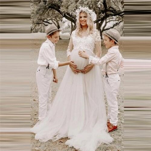 Quarter Sleeves Lace Appliques Tulle Pregnant Wedding Dresses Women Custom Made Bridal Gowns Women Wedding Wear