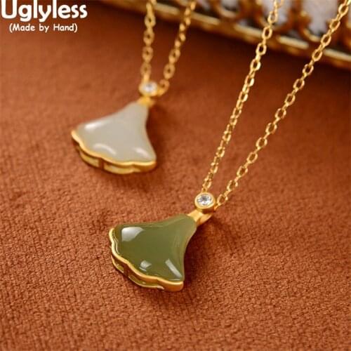 Uglyless Like a Skirt Natural Jade Agate Ginkgo Leaf Pendants Necklaces + Chains Gold 925 Silver Earrings Jewelry Sets for Women