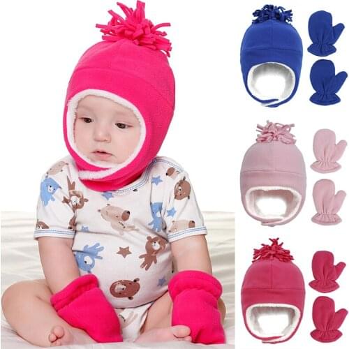2Pcs Warm Winter Baby Hat Gloves Set Soft Plush Thick Warm Baby Boy Girl Hat Bonnet Ear Protection Outdoor Toodler Kids Hat Caps