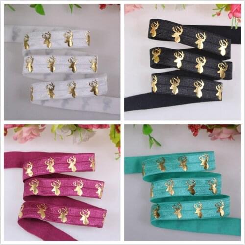 5 colors gold foil deer head 5/8" fold over elastic ribbon for hair accessories print elastic foe 50 yards/lot