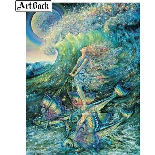 ArtBack 5d diamond painting girl mermaid landscape full square rhinestone mosaic cross stitch for home decoration painting art