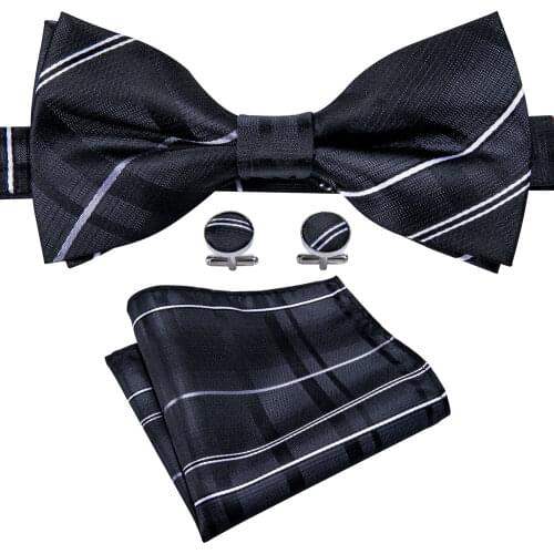 Barry.Wang Men Black Bowtie Stripe Pre-tied Butterfly Bows Checked Bow Tie Handkerchief Cufflinks Set for Suit Male Bowtie LH840
