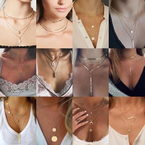 Bohemian Gold color Choker Necklace For Women Shell Star Moon Pendant Multilayer Chain Necklaces Summer Jewelry Dropshipping