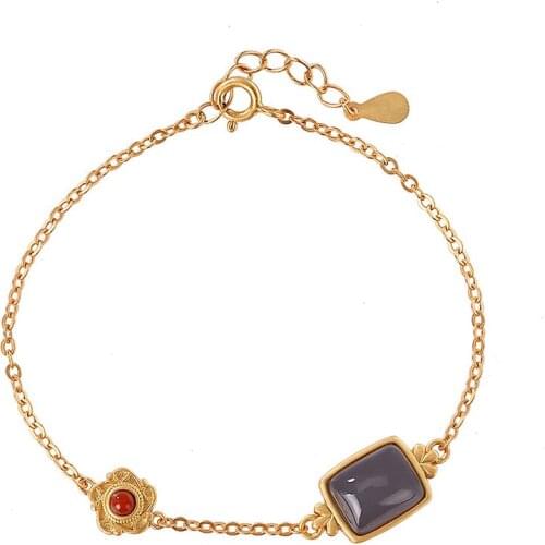 S925 sterling silver gold-plated Hetian smoke mauve jade bracelet retro personalized plum blossom square plate ladies bracelet