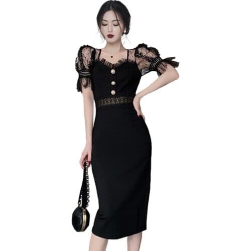 Black lace tight Dress one piece korean ladies Summer Sexy hollow out sexy cabaret party bodycon formal Dresses for women