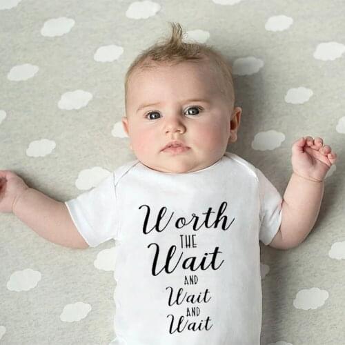 Worth the Wait Baby Summer Bodysuit Newborn Baby Girls Boys Clothes Toddler Romper Short Sleeves Jumpsuit Infants Cute Sleepwear