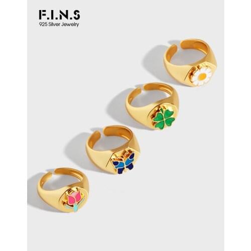 F.I.N.S Aesthetics Real 925 Sterling Silver Ring Female Four-leaves Clover Tulip Daisy Butterfly Enamel Ring Fine Finger Jewelry