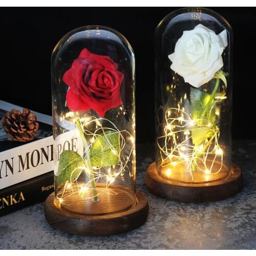 HOT Beauty And The Beast Gold-plated Red Rose With LED Light In Glass Dome For Wedding Party Valentines Day Mothers Day Gift