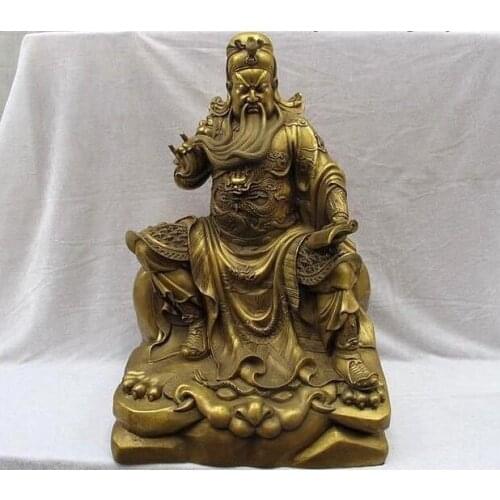 19" China Pure copper Dragon Tiger Guan Gong reading book on military Statue