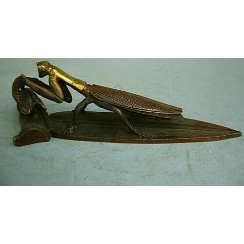 Bi003078 8"Chinese art collection handmade pure bronze mantis catching cicada statue