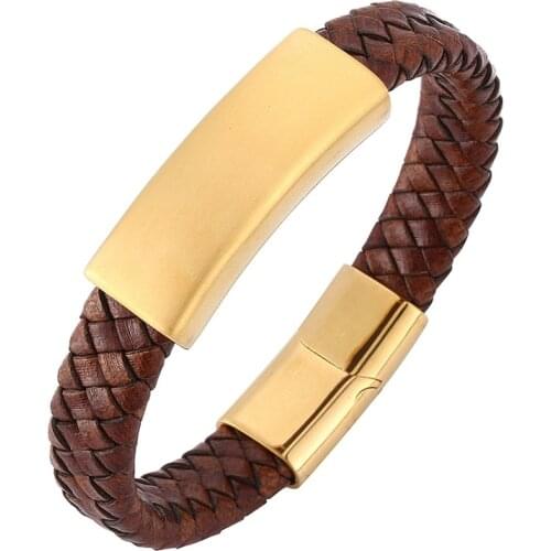 Brown Braided Leather Bracelet Men Jewelry Punk Golden Stainless Steel Magnetic Clasp Vintage Bracelet Bangles Male Charm SP0250